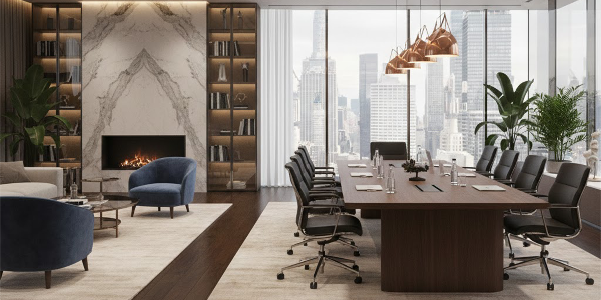Luxe kantooruitstraling met vergaderruimte en loungehoek
