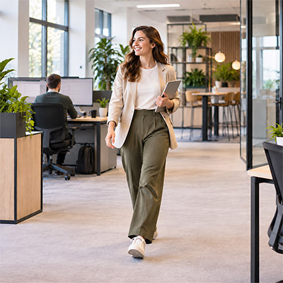 Medewerker loopt door een modern kantoor tijdens de werkdag